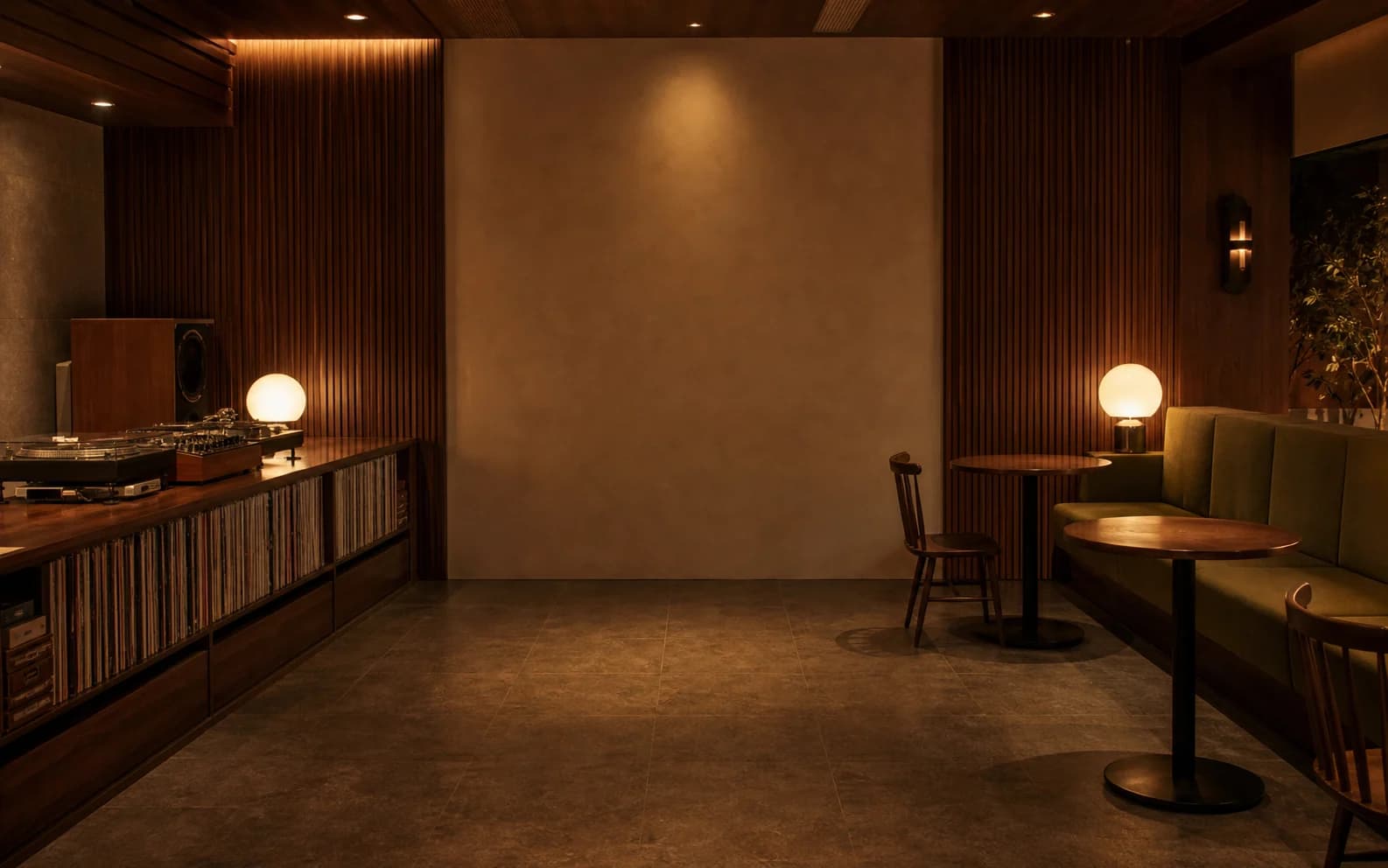 Synthetic warm listening bar used as a first-meet location